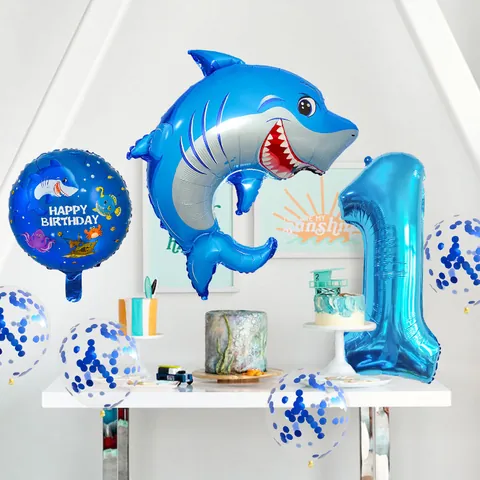 Ocean Animal Birthday Balloon Arrangement Shark Whale Crab Sea Lion Foil Balloons Confetti Latex Birthday Decoration