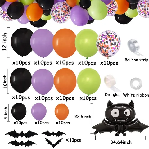 Halloween Balloon Arch Kit Latex Aluminum Foil Balloons With 3D Bat Stickers Spiderweb Paper Fan For Party Decoration Multicolor