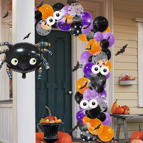Halloween Balloon Garland Arch Kit With Giant Spider Foil Balloon Orange Purple Black Latex Balloons And Bat Stickers For Party Decoration