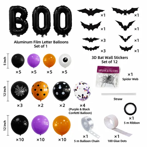 Halloween Balloon Arch Garland Kit Black BOO Foil Balloons Orange Purple Latex Balloons Bat Stickers Spider Web Party Decor