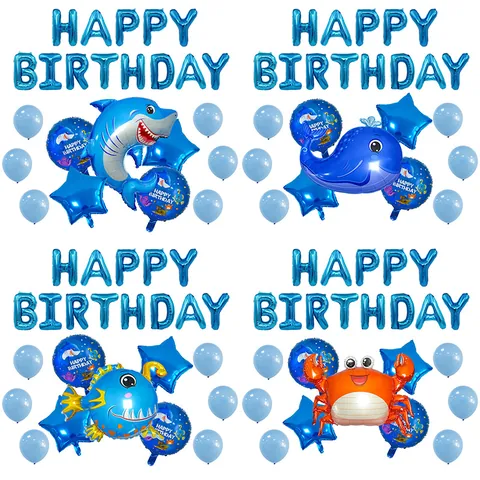 Globos de Fiesta de Cumpleaños Tema Animales Marinos Papel Aluminio Tiburón Ballena Cangrejo Globos Azules Decoración Fiesta