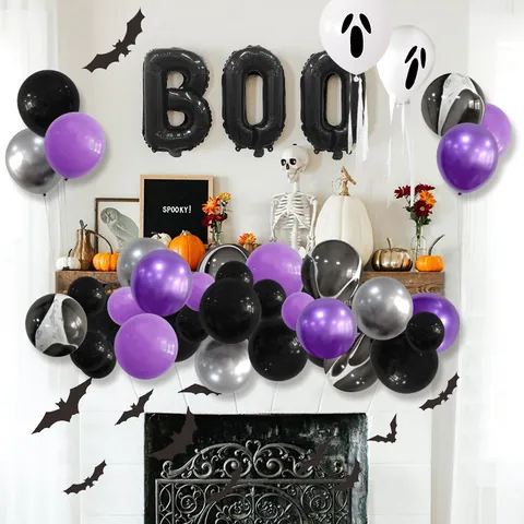 Halloween Party Decoration Set BOO Letter Aluminum Film Balloons Purple Black White Latex Balloons 3D Bat Wall Stickers Ghost Face Balloons Indoor Home Festive Decor