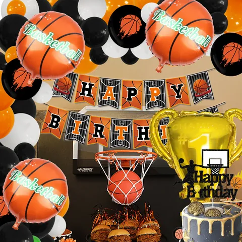 Basketball Theme Birthday Party Decoration Champion Trophy Foil Balloon Happy Birthday Banner Cake Topper Sports Supplies