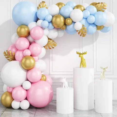Macaron Pink Blue White Balloon Arch Kit With Metallic Gold Latex Balloons And Golden Leaves For Birthday Party Wedding Garland Decorations