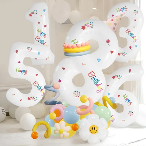 Weißes Nummer Ballon Säulen Set Mit Gänseblümchen Lächeln Blume Macaron Latex Ballons Für Geburtstag Party Dekoration