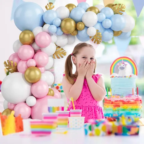 Macaron Pink Blue White Balloon Arch Kit With Metallic Gold Latex Balloons And Golden Leaves For Birthday Party Wedding Garland Decorations