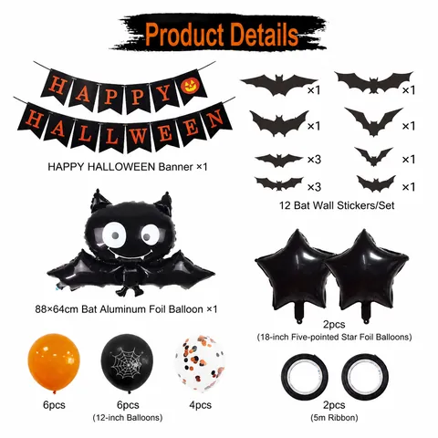Set di Decorazioni per Festa di Halloween Banner Happy Halloween Palloncino in Alluminio Pipistrello Stella Palloncino Lattice Ragnatela Kit Adesivi Pipistrello