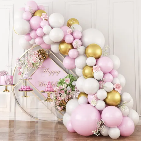Macaron Pink White Gold Balloon Arch Garland Kit With Artificial Flowers For Wedding Birthday Anniversary Party Decoration