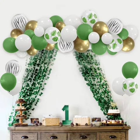 Jungle Safari Balloon Arch Kit Green White Gold Latex Balloons With Monstera Leaf Zebra Pattern For Birthday Party Decoration