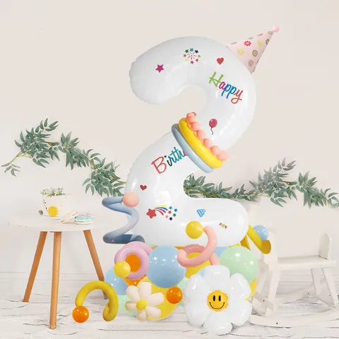 Weißes Nummer Ballon Säulen Set Mit Gänseblümchen Lächeln Blume Macaron Latex Ballons Für Geburtstag Party Dekoration