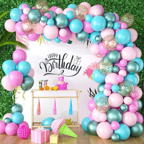 Hawaiian Tropical Party Balloon Arch Decoration Pink Blue Teal Metallic Confetti Balloons Aloha Letter Decor Birthday Supplies