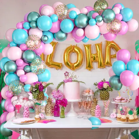 Hawaiian Tropical Party Balloon Arch Decoration Pink Blue Teal Metallic Confetti Balloons Aloha Letter Decor Birthday Supplies
