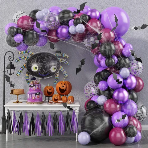 Halloween Balloon Arch Garland Kit Purple Black Wine Red Balloons Large Spider Foil Balloon Web Bat Stickers Party Decor