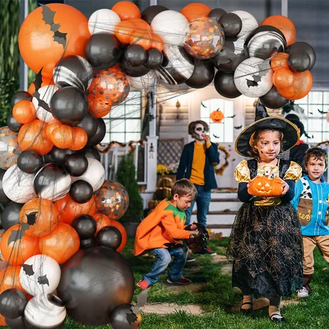 Kit Ghirlanda Arco Palloncini Halloween Con Palloncini Lattice Nero Arancione Bianco E Adesivi Pipistrello E Ragnatela Festa