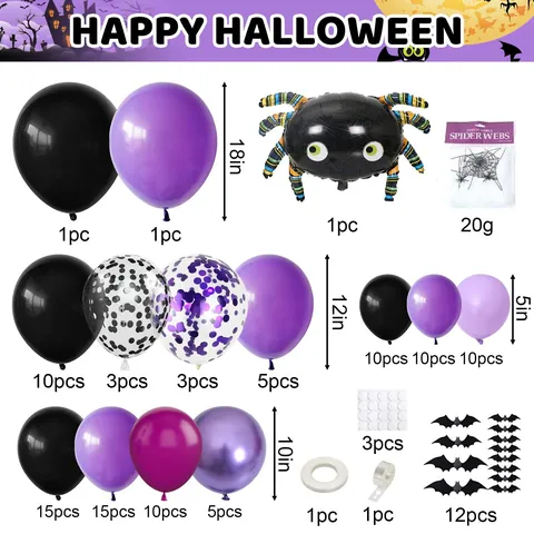 Halloween Balloon Arch Garland Kit Purple Black Wine Red Balloons Large Spider Foil Balloon Web Bat Stickers Party Decor