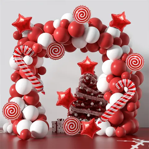 Christmas Red White Balloon Arch Kit With Candy Cane Lollipop Star Foil Balloons Latex Balloons For Festive Party Decoration