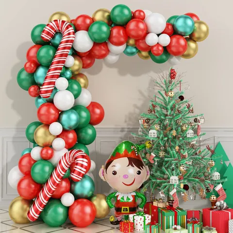 Kit Arco di Palloncini di Natale Rosso Verde Bianco Oro Lattice Film di Alluminio Con Elfo E Bastoncino di Zucchero Decorazione