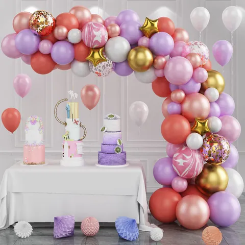 Ghirlanda Arco di Palloncini Rosa Viola Macaron Con Palloncini in Alluminio a Stella Oro per Decorazione Festa Matrimonio