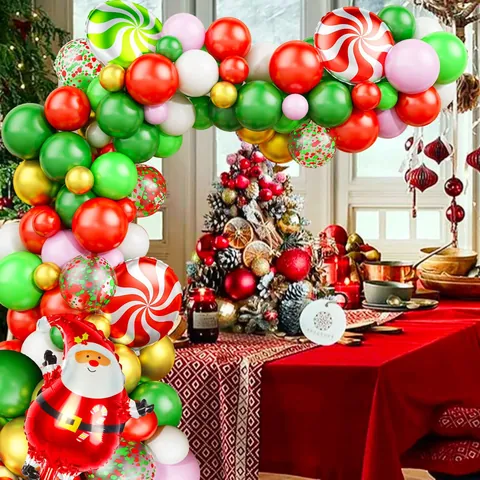Christmas Balloon Garland Arch Kit With Santa Claus Lollipop Foil Balloons Red Green White Gold Party Decorations