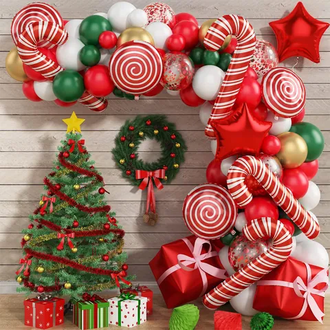 Ghirlanda Arco di Palloncini di Natale Rossi Verdi Bianchi Oro Lattice Con Bastoncino di Zucchero Lecca Lecca Palloncini Foil