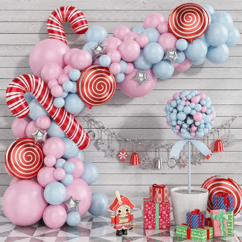 Christmas Balloon Arch Garland Kit Macaron Pink Blue Latex Balloons Red White Candy Cane Star Foil Balloons For Xmas Party Decoration