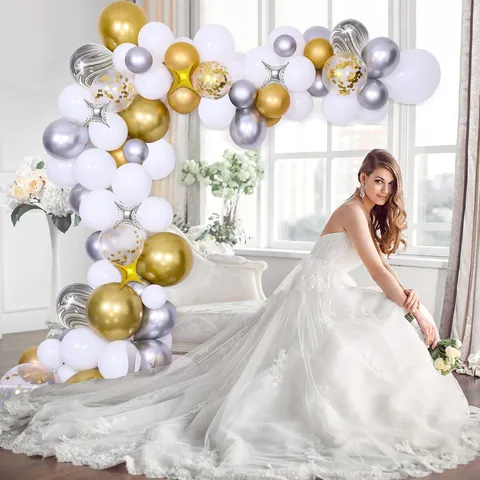 Kit Arco di Palloncini Stella Lusso Vintage Oro Argento Bianco Marmo Lattice Per Decorazione Festa Matrimonio Compleanno