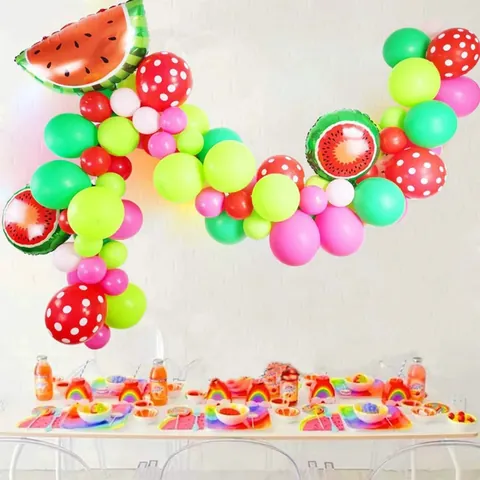 Summer Watermelon Party Balloon Arch Garland Red Green Pink Latex Aluminum Foil Balloons Hawaii Birthday Decoration