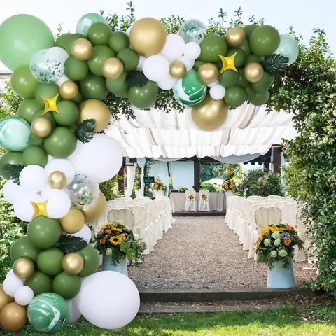 Sage Green Gold White Balloon Arch Kit With Star Balloons And Artificial Leaves For Forest Theme Wedding Birthday Party Decoration