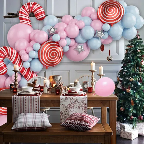 Christmas Balloon Arch Garland Kit Macaron Pink Blue Latex Balloons Red White Candy Cane Star Foil Balloons For Xmas Party Decoration
