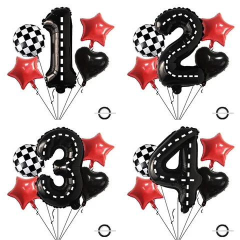 Racing Car Theme Birthday Party Balloon Decoration Aluminum Film Road Pattern Number Star Heart Checkered Flag Ornaments