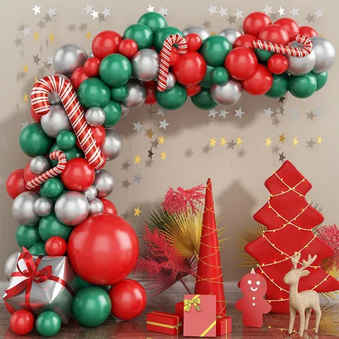 Guirnalda de Arco de Globos de Navidad Rojo Verde Oro Plata Látex Papel Aluminio Bastones de Caramelo Para Decoración de Fiesta