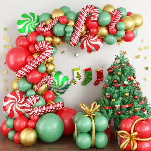 Christmas Retro Green Balloon Arch Kit Red Gold Latex Aluminum Candy Cane Peppermint Balloons For Holiday Party Decoration