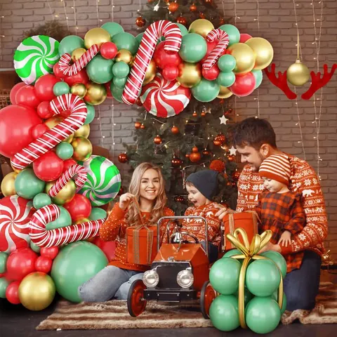 Christmas Retro Green Balloon Arch Kit Red Gold Latex Aluminum Candy Cane Peppermint Balloons For Holiday Party Decoration