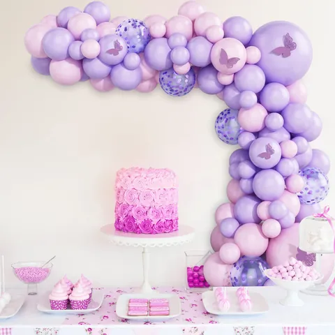 Macaron Purple Pink Balloon Arch Garland With Decorative Butterflies For Wedding Birthday Party Anniversary Decoration