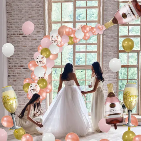 Kit de Arco de Globos Botella de Champaña Copa de Vino Oro Rosa Blanco Globos de Látex Metálico Con Cadena de Globos Puntos de Pegamento para Boda Cumpleaños Fiesta Decoración