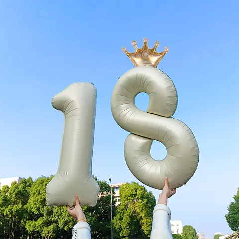 Cream White Caramel Number Balloons With Gold Crown Topper Aluminum Foil Mylar Balloon For Birthday Party Decoration