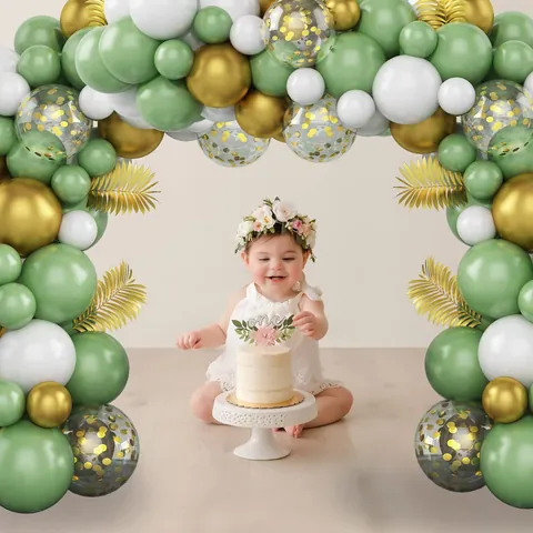 Sage Green Gold Balloon Arch Kit Retro Latex Balloon Garland With Gold Palm Leaves For Wedding Birthday Party Decoration