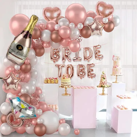 Rose Gold Bridal Shower Balloon Arch Kit With Bride To Be Letters Champagne Bottle Diamond Ring Balloons For Wedding Decoration