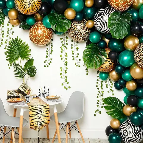 Safari Jungle Theme Balloon Arch Kit With Animal Print Foil Balloons Latex Balloons And Faux Monstera Leaves For Birthday Party Decoration