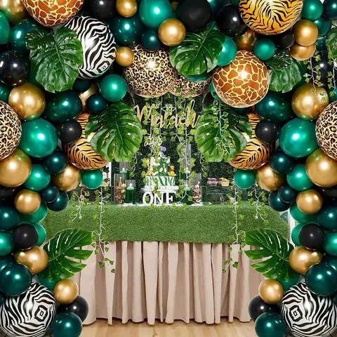 Safari Jungle Theme Balloon Arch Kit With Animal Print Foil Balloons Latex Balloons And Faux Monstera Leaves For Birthday Party Decoration