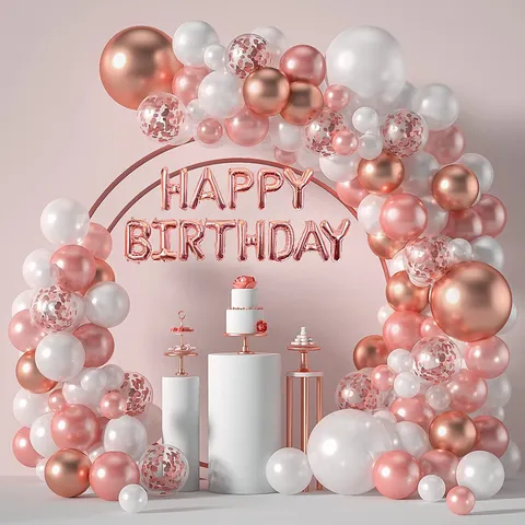 Ροζ Χρυσό Happy Birthday Αψίδα με Μπαλόνια Λατέξ Κομφετί και Γράμματα από Μεμβράνη Αλουμινίου για Διακόσμηση Πάρτι Γενεθλίων Γάμου