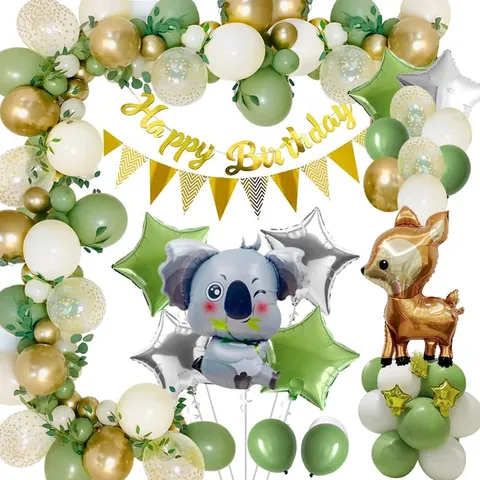 Jungle Safari Balloon Arch Kit Sage Green Gold White Latex Foil Animal Balloons Happy Birthday Party Decorations Set