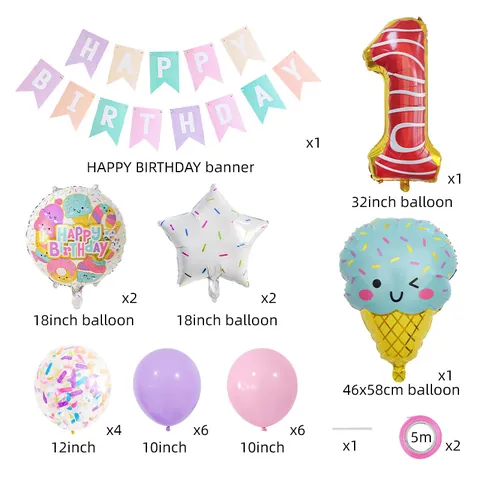 Macaron Ice Cream Birthday Party Decoration Items Colorful Balloons Banner Large Number Balloon Kids Birthday Party Supplies