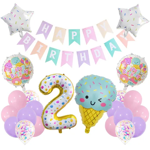 Macaron Ice Cream Birthday Party Decoration Items Colorful Balloons Banner Large Number Balloon Kids Birthday Party Supplies