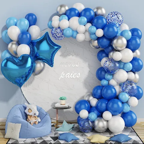Kit Arco di Palloncini Blu Bianco Argento Palloncini in Lattice e Alluminio Con Palloncini Coriandoli Stella Cuore per Compleanno