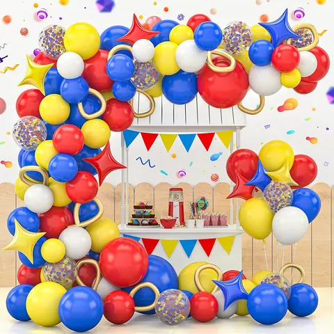 Kit Ghirlanda Arco Palloncini a Tema Circo Palloncini Lattice Rosso Blu Giallo Palloncini stagnola Stella per Festa Compleanno Bimbi