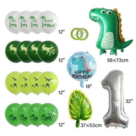 Dinosaur Theme Birthday Party Balloon Decoration With Green Cartoon Dinosaur Silver Number Foil Balloons Palm Leaves Latex Balloons For Kids Jungle Party