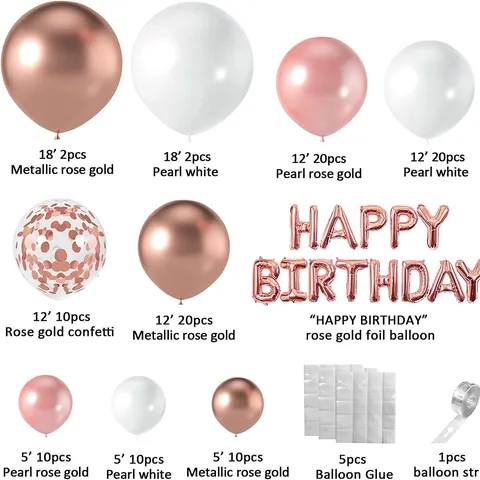 Ροζ Χρυσό Happy Birthday Αψίδα με Μπαλόνια Λατέξ Κομφετί και Γράμματα από Μεμβράνη Αλουμινίου για Διακόσμηση Πάρτι Γενεθλίων Γάμου