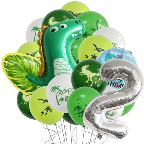 Dinosaur Theme Birthday Party Balloon Decoration With Green Cartoon Dinosaur Silver Number Foil Balloons Palm Leaves Latex Balloons For Kids Jungle Party