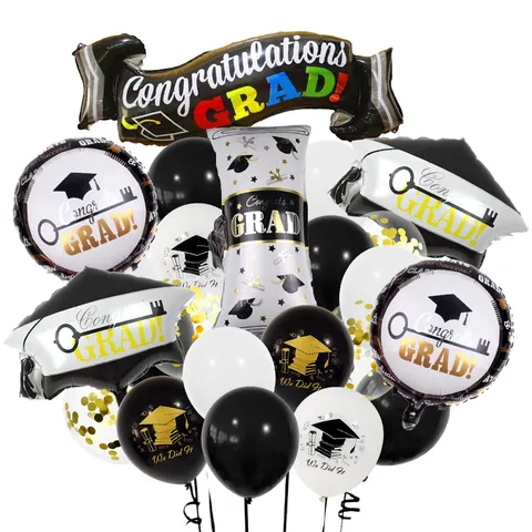 Latex Foil Graduation Balloons Congrats Grad Mortarboard Pattern Black Gold White Party Celebration Decorations